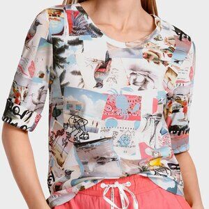 Marc Cain Postcard Print Cotton Ribbed Top Blue Multi 238 Size N2 (8-10) NWT